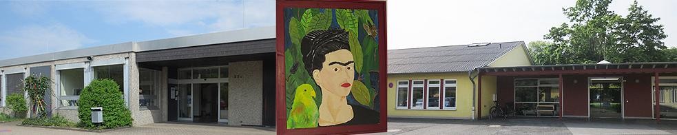 Die Fotos zeigen die Eingänge der Schulgebäuce in Sankt Augustin (links) und Vilich (rechts) sowie ein Schülerporträt von Frida Kahlo.