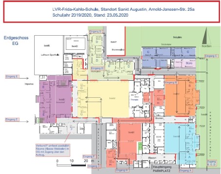 Grafik: Lageplan der LVR-Frida-Kahlo-Schule mit farbig gekennzeichneten Klassen-Verbünden.