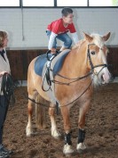 Das Foto zeigt einen Schüler, der sich auf einem Pferd hinstellt, das von einer Therapeutin an der Longe geha-ten wird.