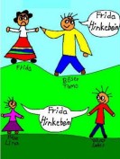 Kinderzeichnung von Frida mit 3 Kindern, die sie mit den Worten „Frida Hinkebein“ hänseln.