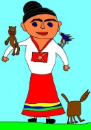 Kinderzeichnung von Frida Kahlo mit Affe, Vogel und Hund.