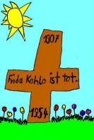 Kinderzeichnung eines Grabkreuzes mit der Inschrift: „Frida Kahlo ist tot.“